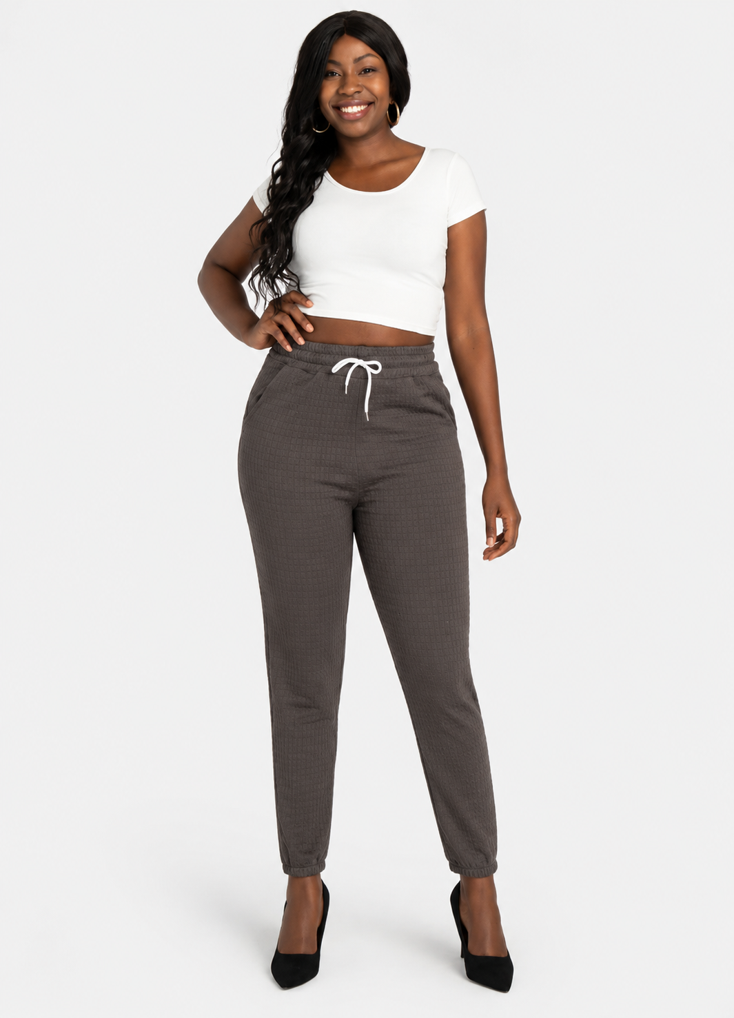 Women's Casual High Waist Jacquard Slim Fit Drawstring Ankle Pants