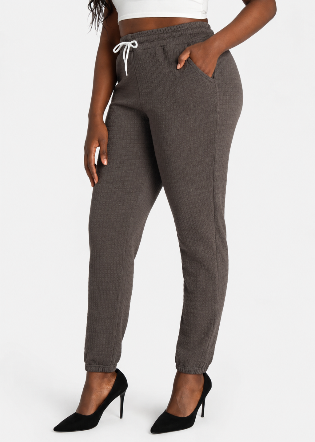 Women's Casual High Waist Jacquard Slim Fit Drawstring Ankle Pants