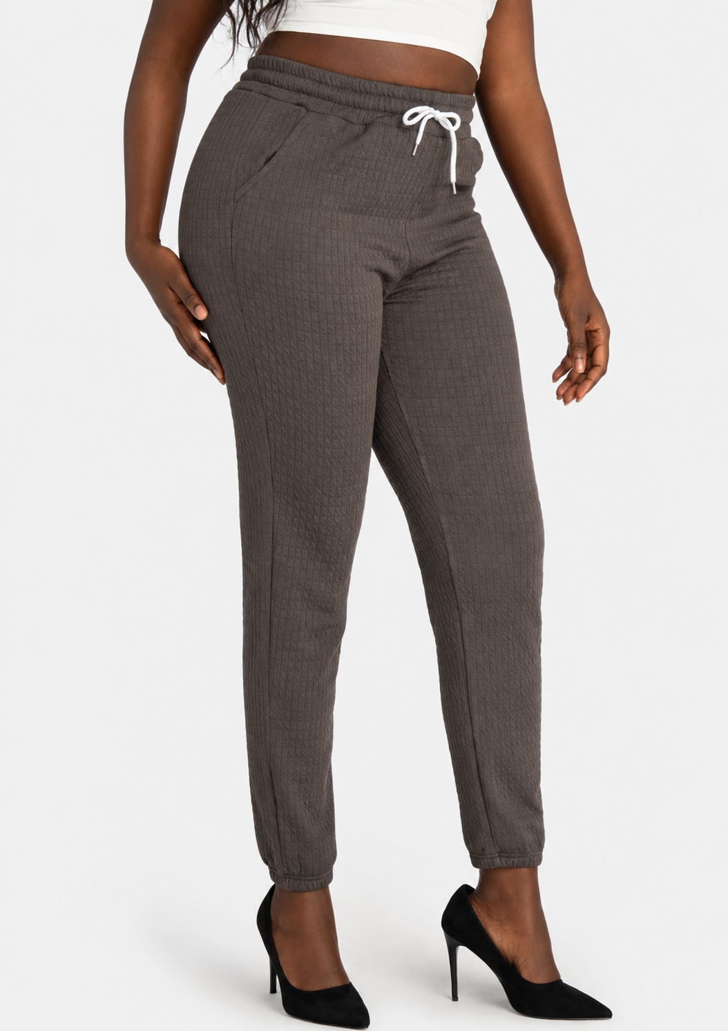 Women's Casual High Waist Jacquard Slim Fit Drawstring Ankle Pants