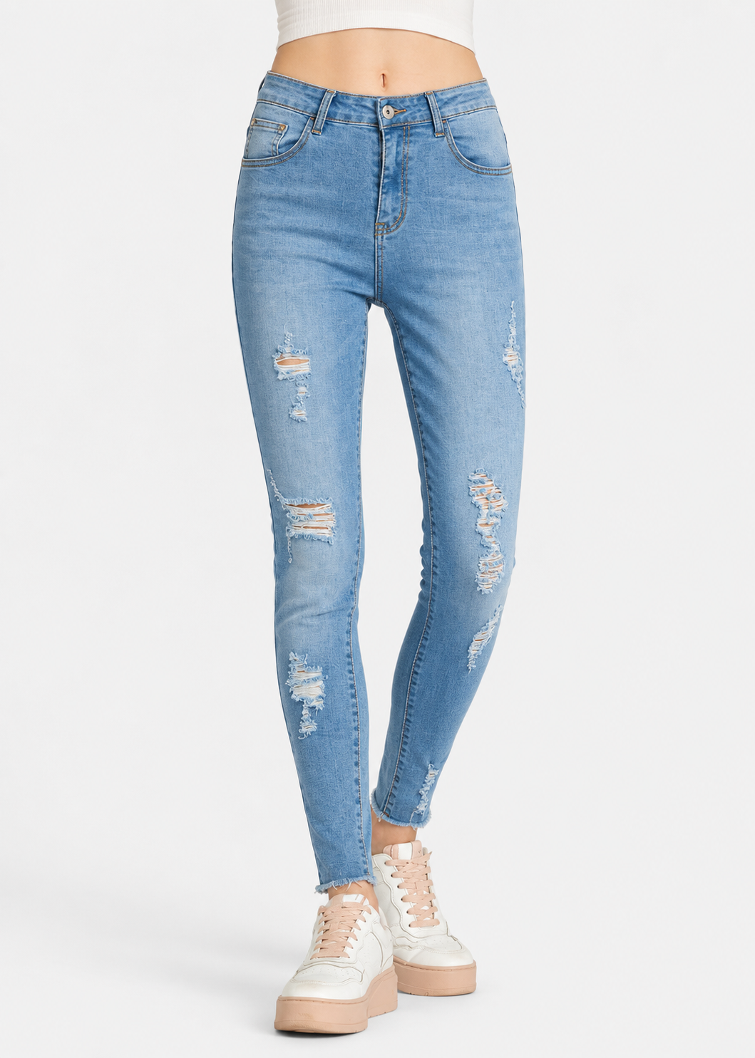 Women's Casual Ripped Frayed Raw Hem Stretch Skinny Jeans With Pockets
