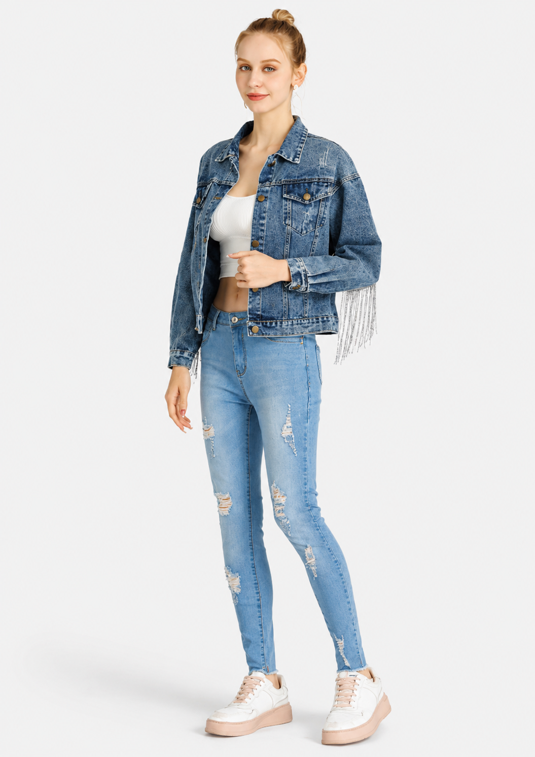 Women's Casual Ripped Frayed Raw Hem Stretch Skinny Jeans With Pockets