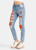 Women's Casual Ripped Frayed Raw Patch Stretch Slim Fit Jeans With Pockets