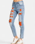Women's Casual Ripped Frayed Raw Patch Stretch Slim Fit Jeans With Pockets