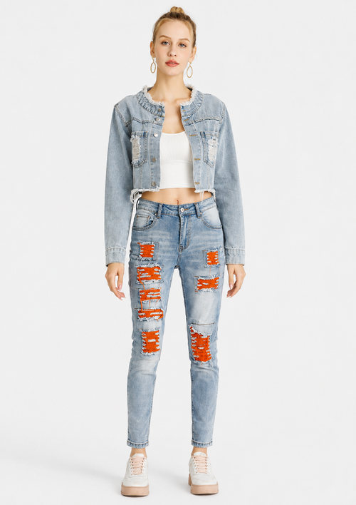 Women's Casual Ripped Frayed Raw Patch Stretch Slim Fit Jeans With Pockets