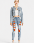 Women's Casual Ripped Frayed Raw Patch Stretch Slim Fit Jeans With Pockets