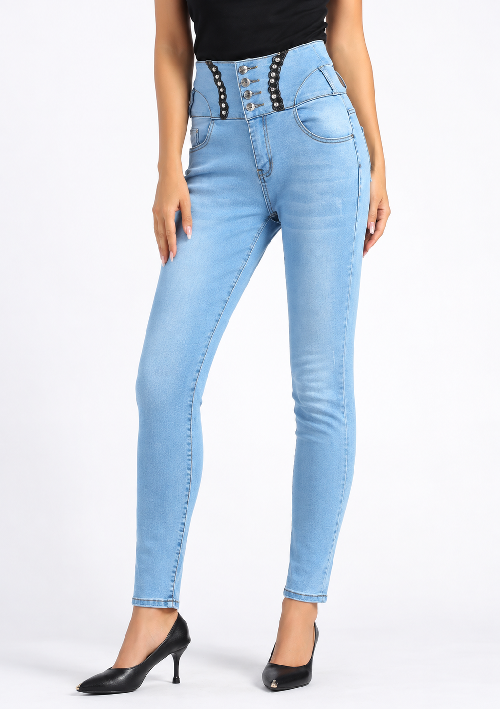 Women's High Waist Button Front Patch Pocket Skinny Denim Jeans