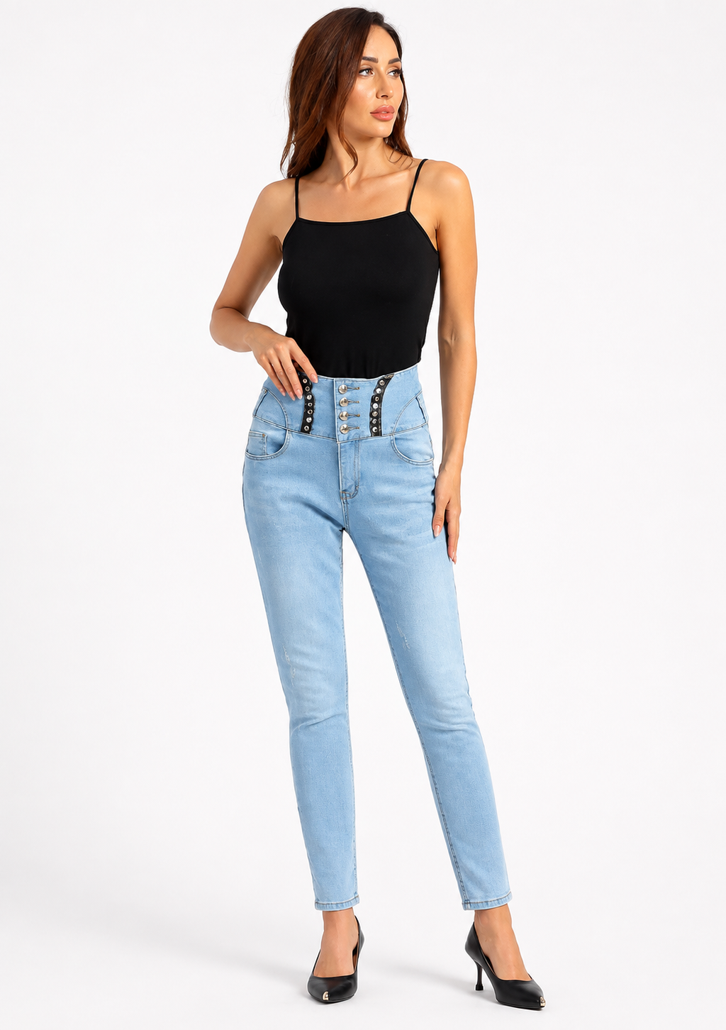 Women's High Waist Button Front Patch Pocket Skinny Denim Jeans